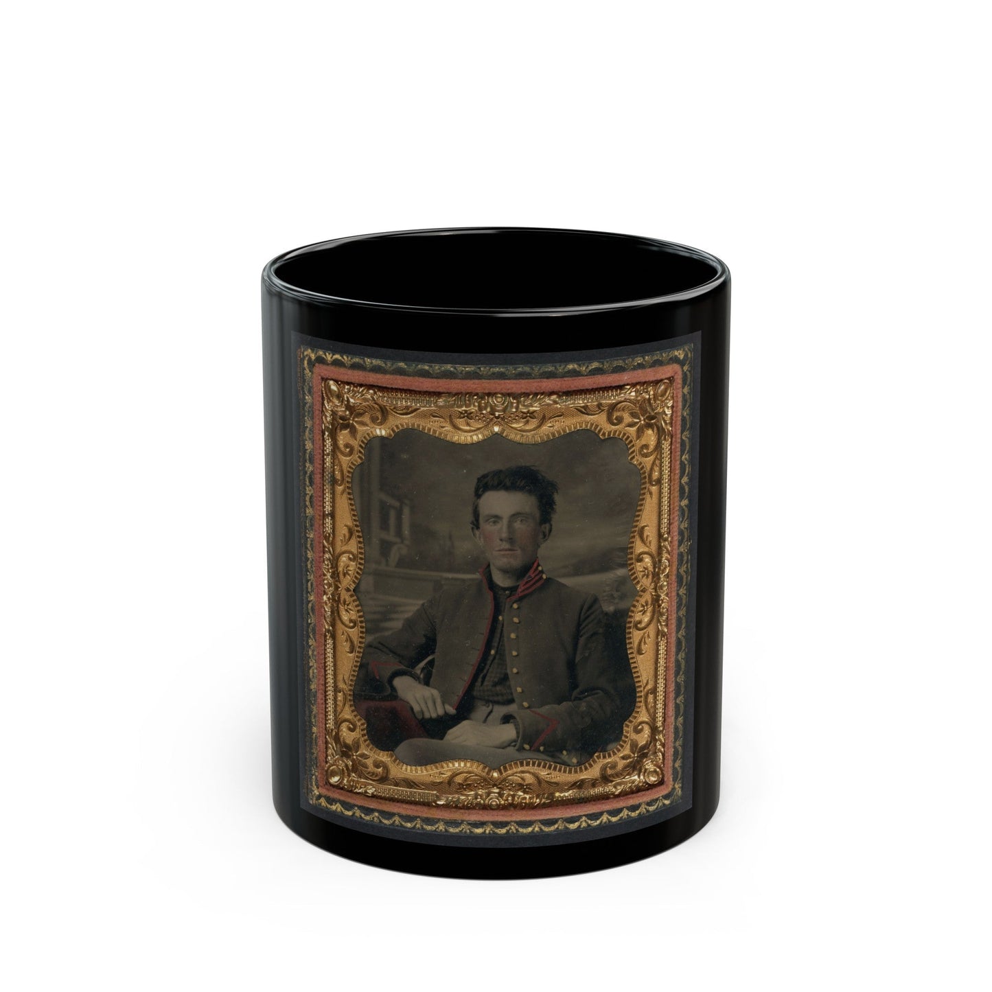 Unidentified Soldier In Union Uniform In Front Of Painted Backdrop Showing Porch And Terrace (U.S. Civil War) Black Coffee Mug-11oz-The Sticker Space