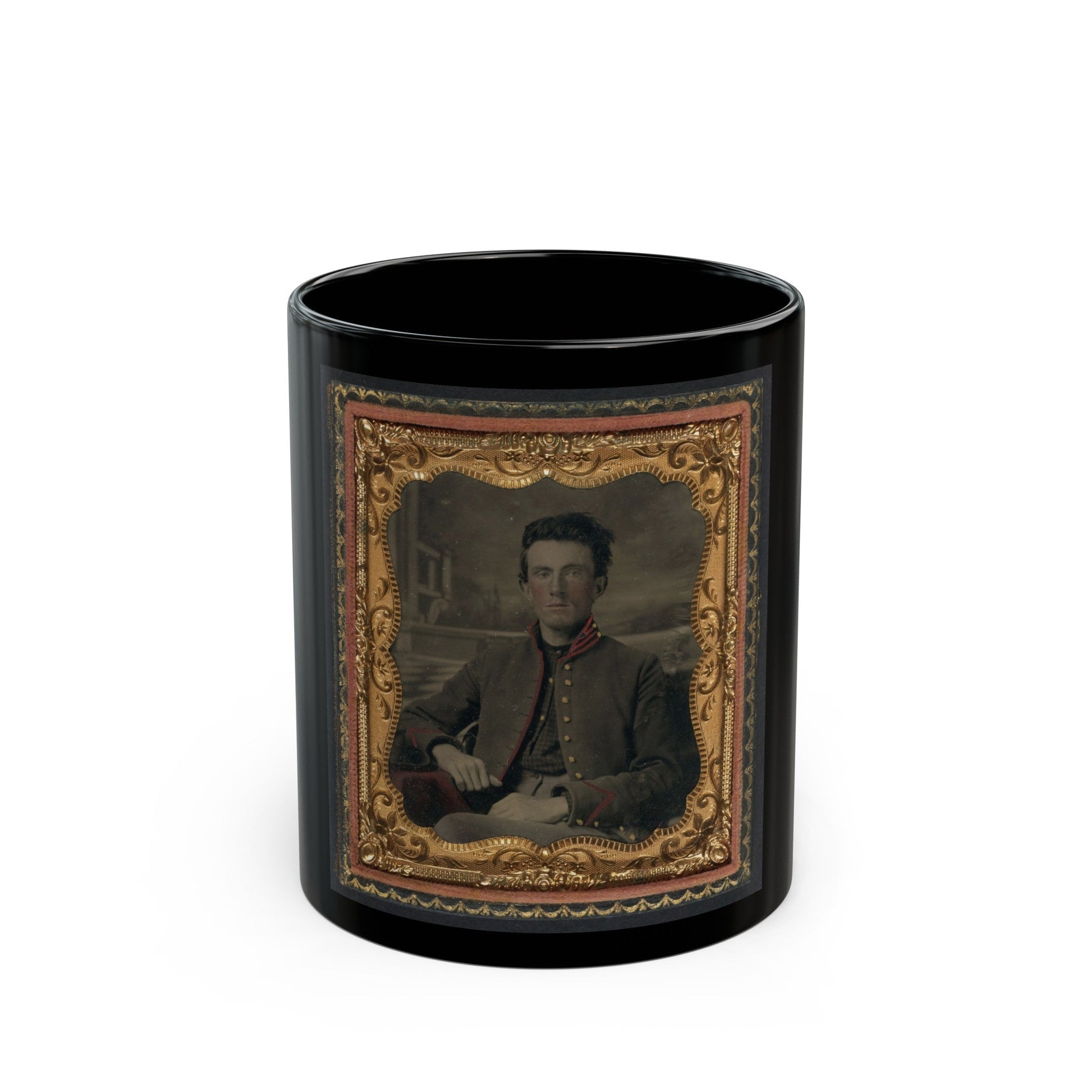 Unidentified Soldier In Union Uniform In Front Of Painted Backdrop Showing Porch And Terrace (U.S. Civil War) Black Coffee Mug-11oz-The Sticker Space