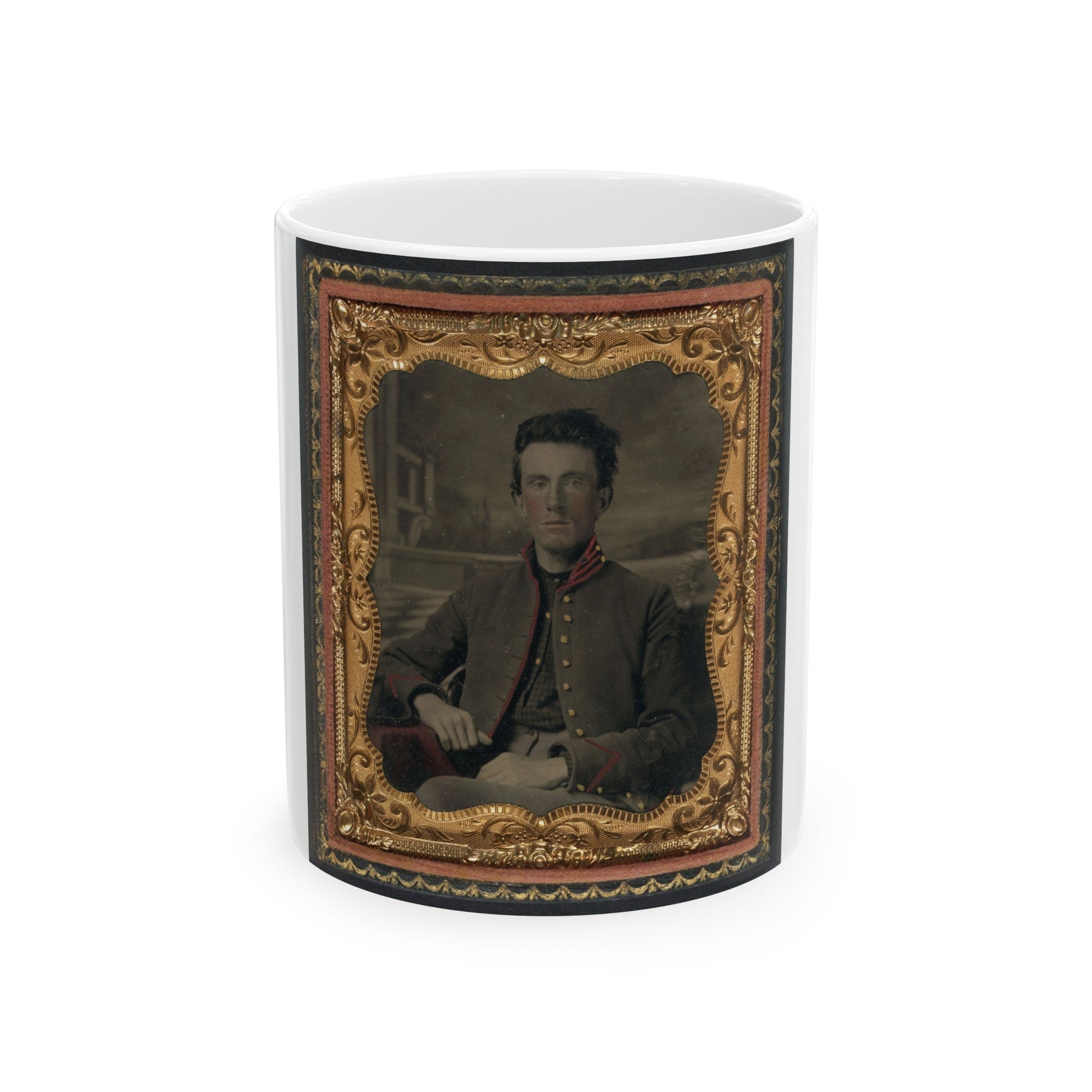 Unidentified Soldier In Union Uniform In Front Of Painted Backdrop Showing Porch And Terrace (U.S. Civil War) White Coffee Mug-11oz-The Sticker Space