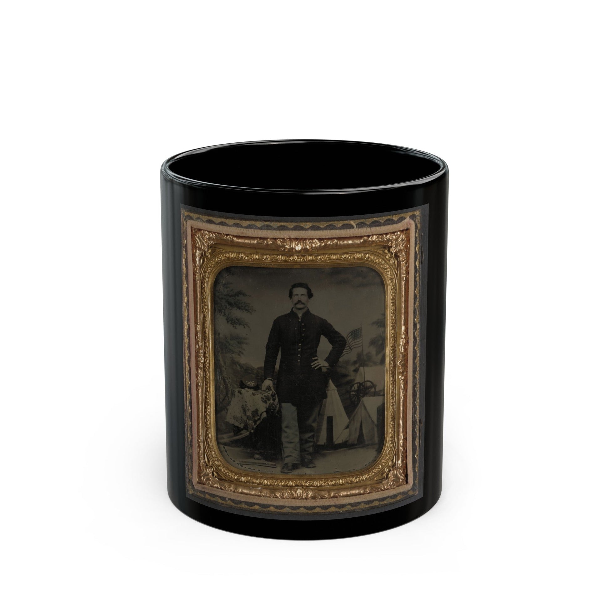 Unidentified Soldier In Union Uniform In Front Of Painted Backdrop (U.S. Civil War) Black Coffee Mug-11oz-The Sticker Space