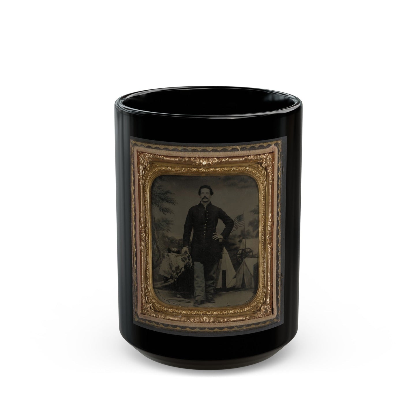 Unidentified Soldier In Union Uniform In Front Of Painted Backdrop (U.S. Civil War) Black Coffee Mug-15oz-The Sticker Space