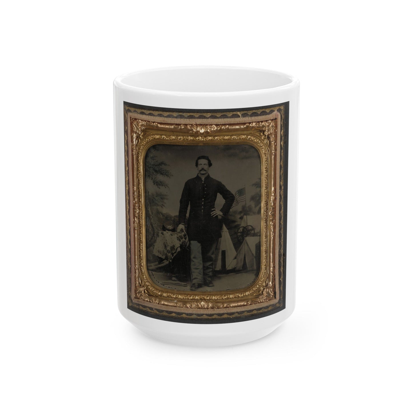 Unidentified Soldier In Union Uniform In Front Of Painted Backdrop (U.S. Civil War) White Coffee Mug-15oz-The Sticker Space