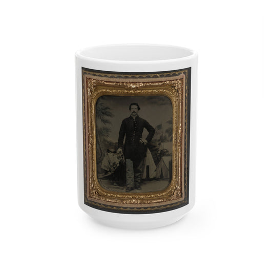 Unidentified Soldier In Union Uniform In Front Of Painted Backdrop (U.S. Civil War) White Coffee Mug-15oz-The Sticker Space