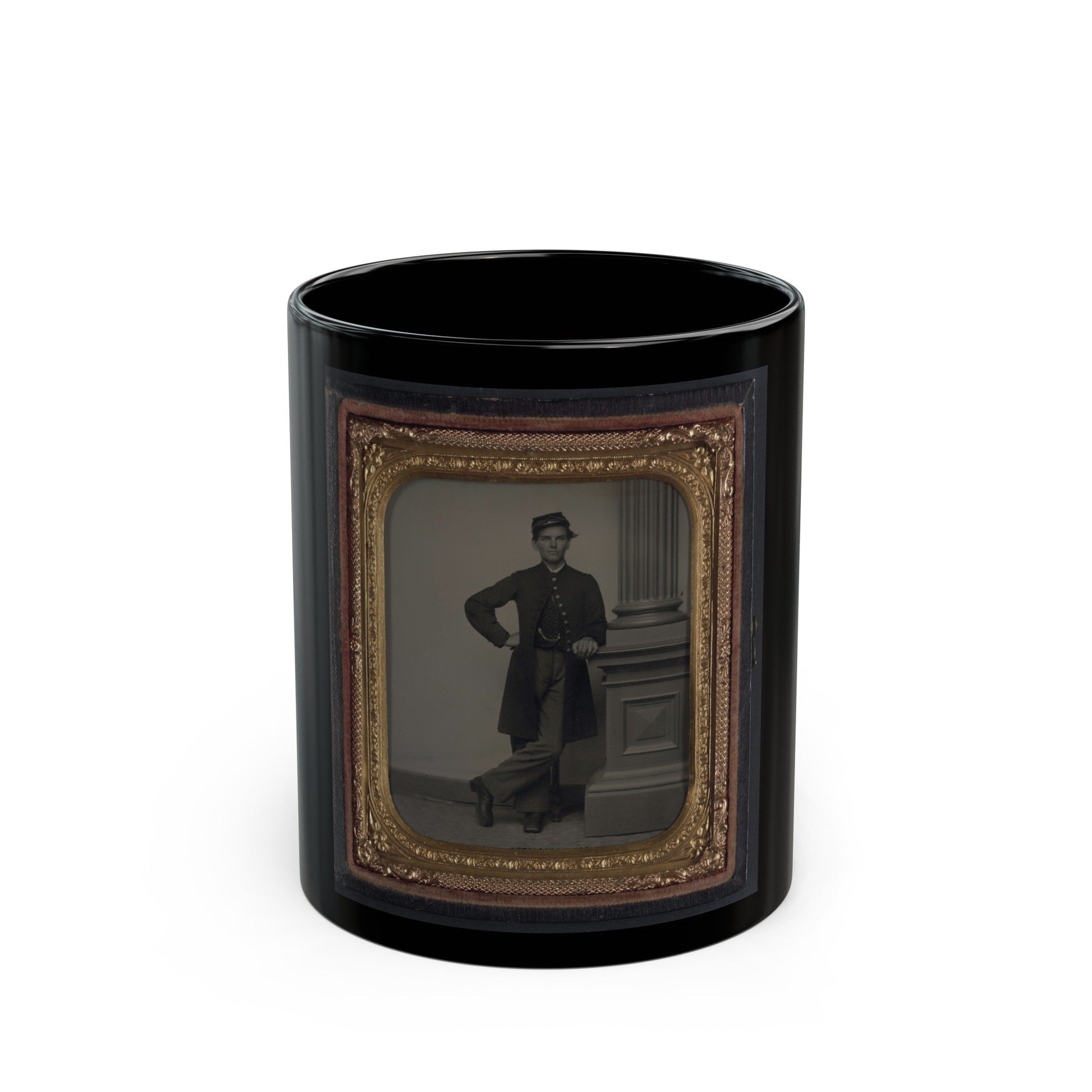 Unidentified Soldier In Union Uniform In Front Of Posing Stand And Leaning Against Column (U.S. Civil War) Black Coffee Mug-11oz-The Sticker Space