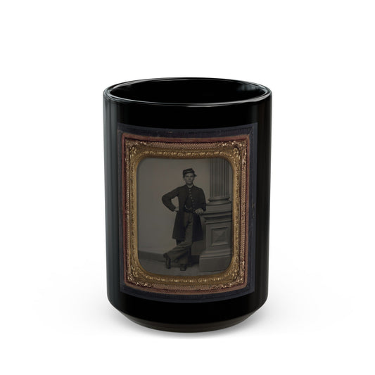 Unidentified Soldier In Union Uniform In Front Of Posing Stand And Leaning Against Column (U.S. Civil War) Black Coffee Mug-15oz-The Sticker Space