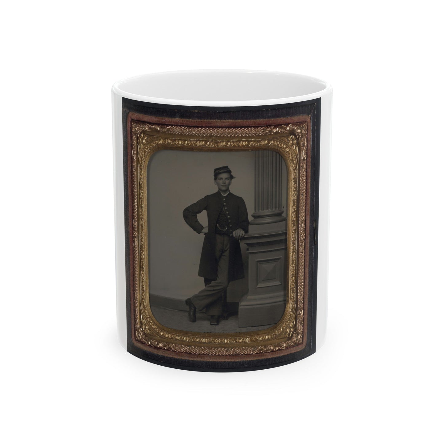 Unidentified Soldier In Union Uniform In Front Of Posing Stand And Leaning Against Column (U.S. Civil War) White Coffee Mug-11oz-The Sticker Space