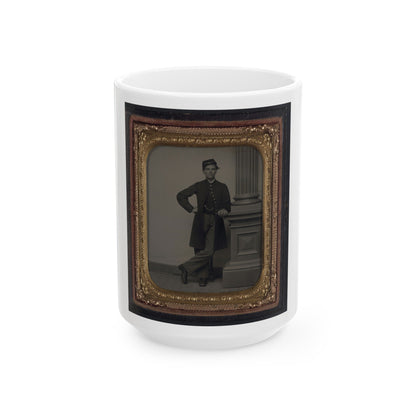 Unidentified Soldier In Union Uniform In Front Of Posing Stand And Leaning Against Column (U.S. Civil War) White Coffee Mug-15oz-The Sticker Space