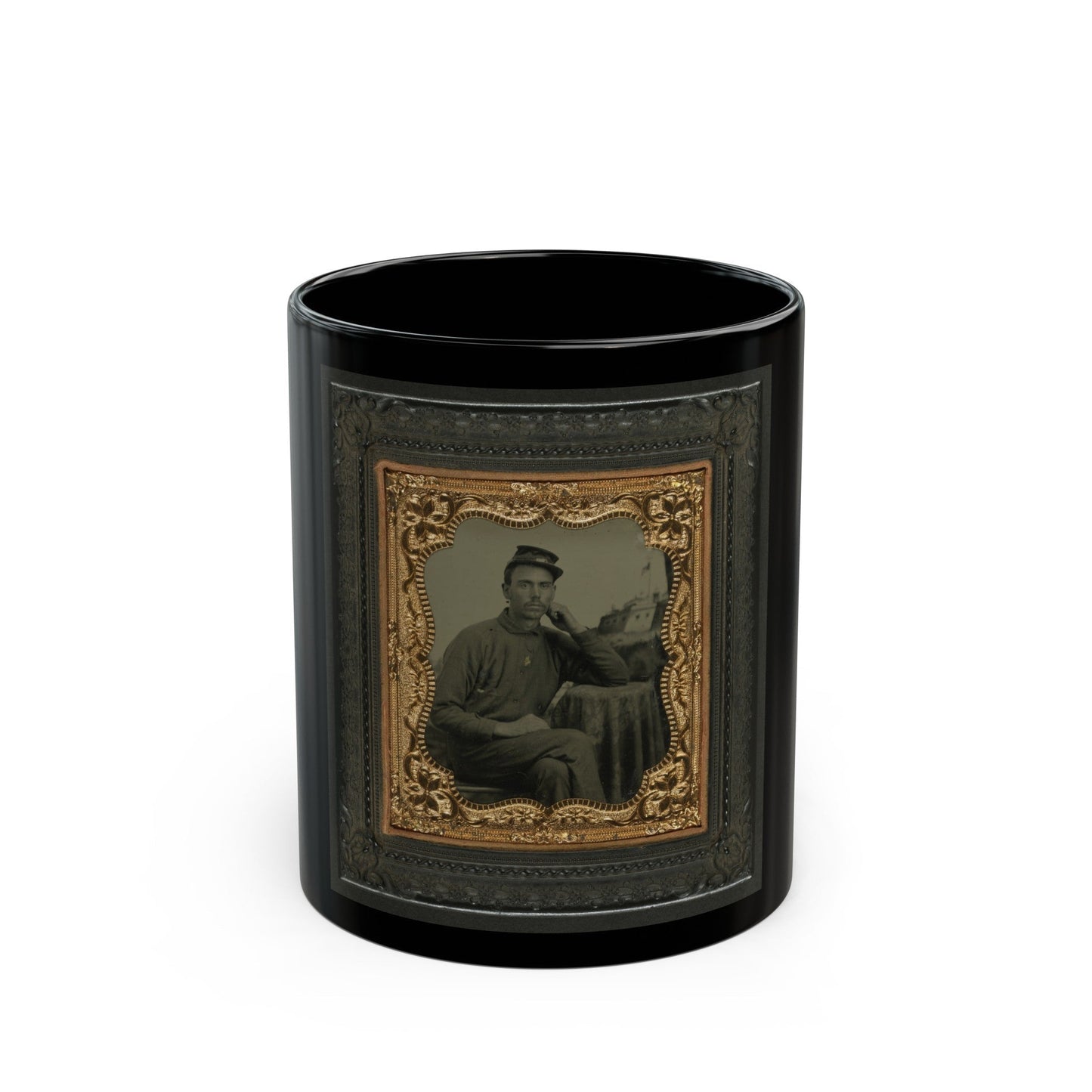 Unidentified Soldier In Union Uniform Next To Draped Table In Front Of Painted Backdrop Showing Fort Scene (U.S. Civil War) Black Coffee Mug-11oz-The Sticker Space