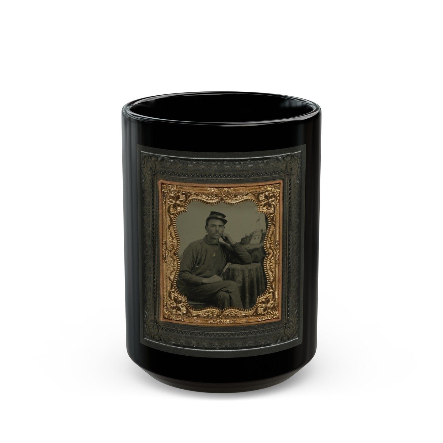 Unidentified Soldier In Union Uniform Next To Draped Table In Front Of Painted Backdrop Showing Fort Scene (U.S. Civil War) Black Coffee Mug-15oz-The Sticker Space