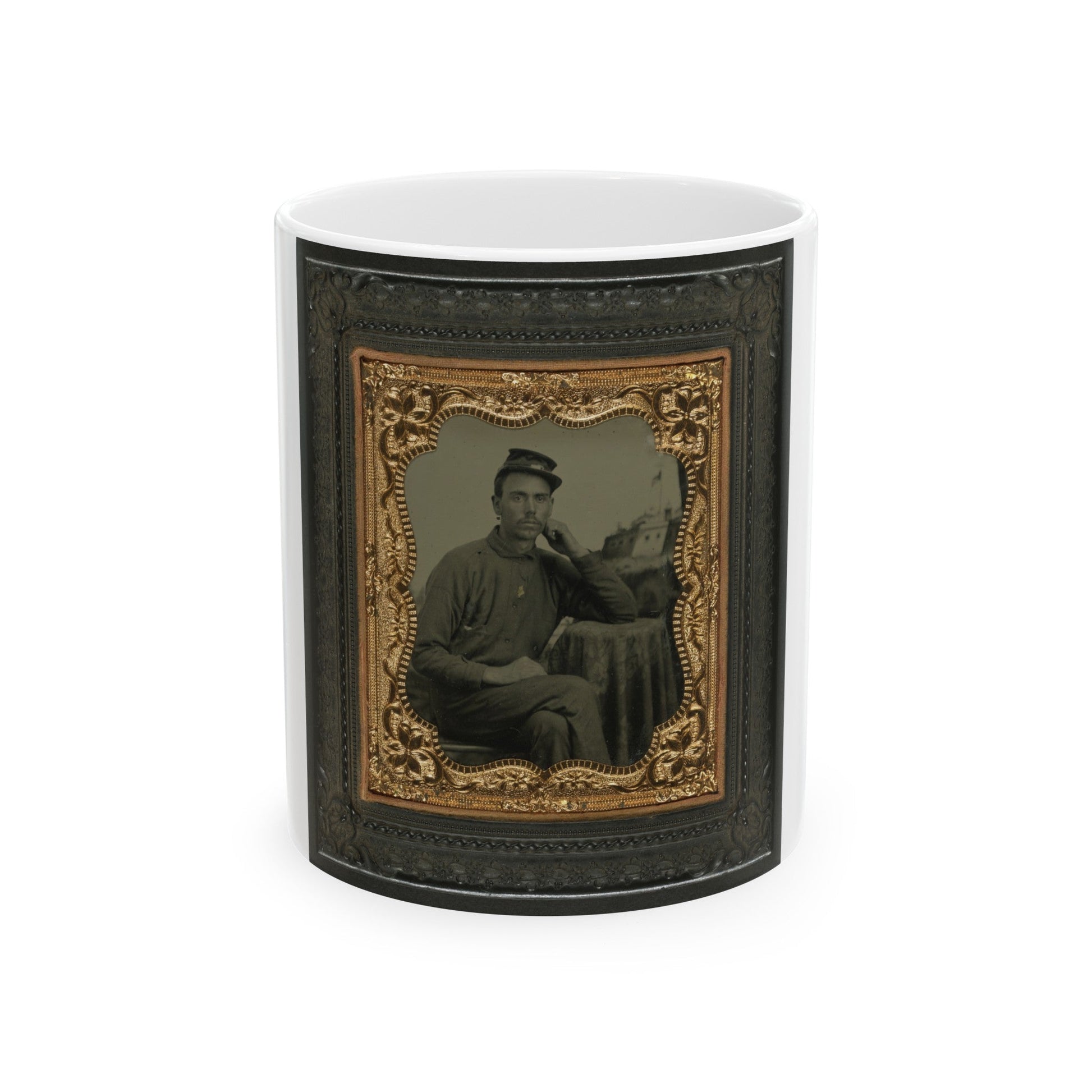 Unidentified Soldier In Union Uniform Next To Draped Table In Front Of Painted Backdrop Showing Fort Scene (U.S. Civil War) White Coffee Mug-11oz-The Sticker Space