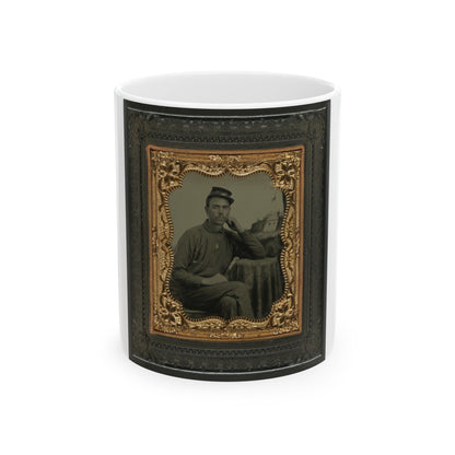 Unidentified Soldier In Union Uniform Next To Draped Table In Front Of Painted Backdrop Showing Fort Scene (U.S. Civil War) White Coffee Mug-11oz-The Sticker Space