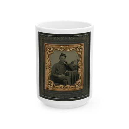 Unidentified Soldier In Union Uniform Next To Draped Table In Front Of Painted Backdrop Showing Fort Scene (U.S. Civil War) White Coffee Mug-15oz-The Sticker Space