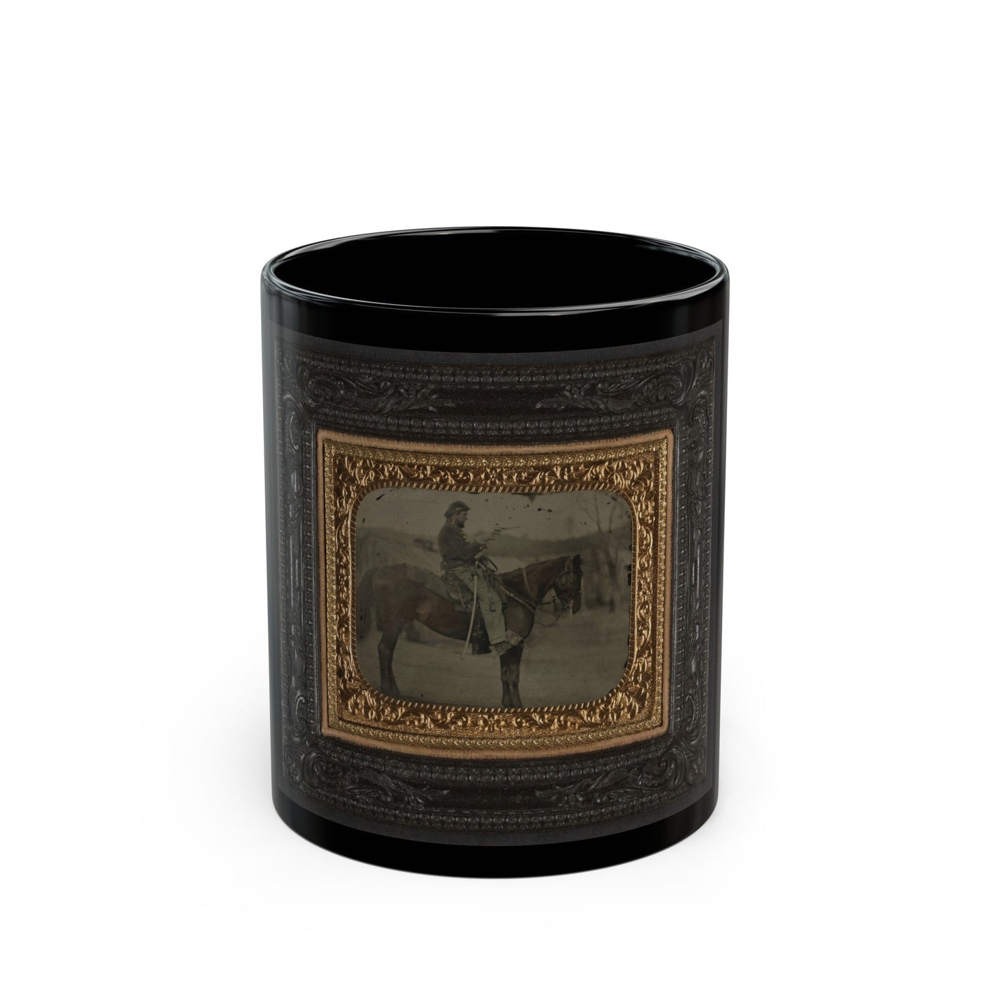 Unidentified Soldier In Union Uniform Sitting On Horse With Revolver And Saber (U.S. Civil War) Black Coffee Mug-11oz-The Sticker Space