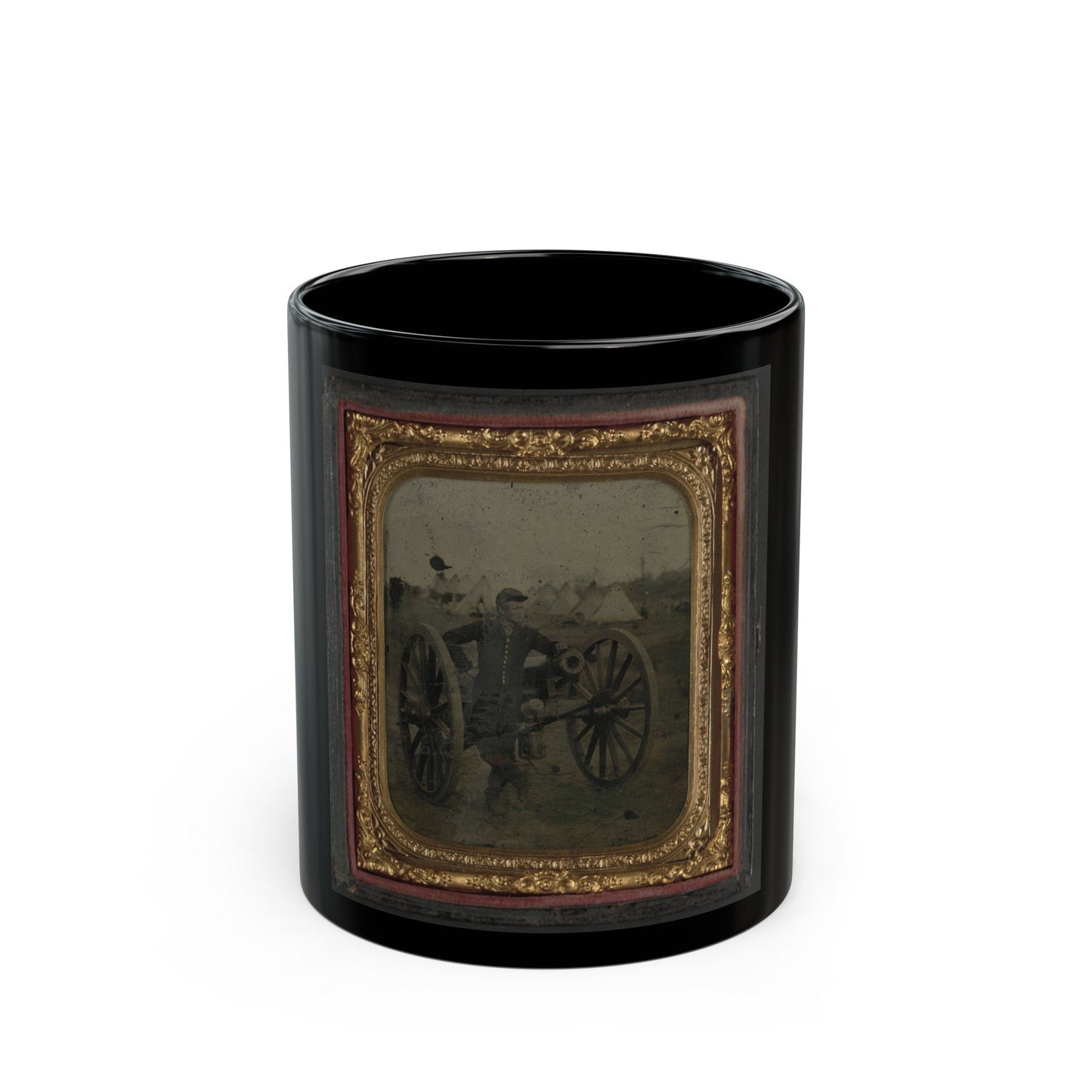 Unidentified Soldier In Union Uniform Standing With Napoleon Cannon In Front Of Encampment (U.S. Civil War) Black Coffee Mug-11oz-The Sticker Space