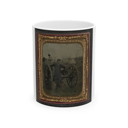 Unidentified Soldier In Union Uniform Standing With Napoleon Cannon In Front Of Encampment (U.S. Civil War) White Coffee Mug-11oz-The Sticker Space