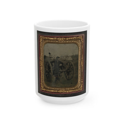 Unidentified Soldier In Union Uniform Standing With Napoleon Cannon In Front Of Encampment (U.S. Civil War) White Coffee Mug-15oz-The Sticker Space