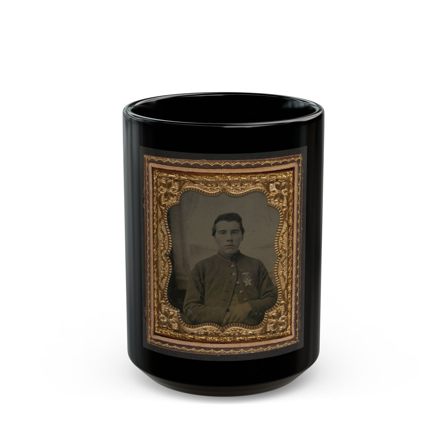 Unidentified Soldier In Union Uniform With 28th Pennsylvania Badge In Front Of Painted Backdrop Showing Window (U.S. Civil War) Black Coffee Mug-15oz-The Sticker Space