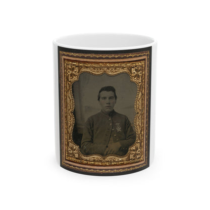 Unidentified Soldier In Union Uniform With 28th Pennsylvania Badge In Front Of Painted Backdrop Showing Window (U.S. Civil War) White Coffee Mug-11oz-The Sticker Space