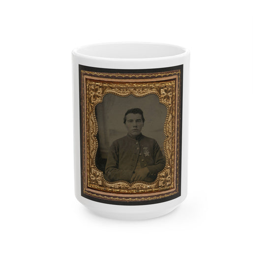 Unidentified Soldier In Union Uniform With 28th Pennsylvania Badge In Front Of Painted Backdrop Showing Window (U.S. Civil War) White Coffee Mug-15oz-The Sticker Space