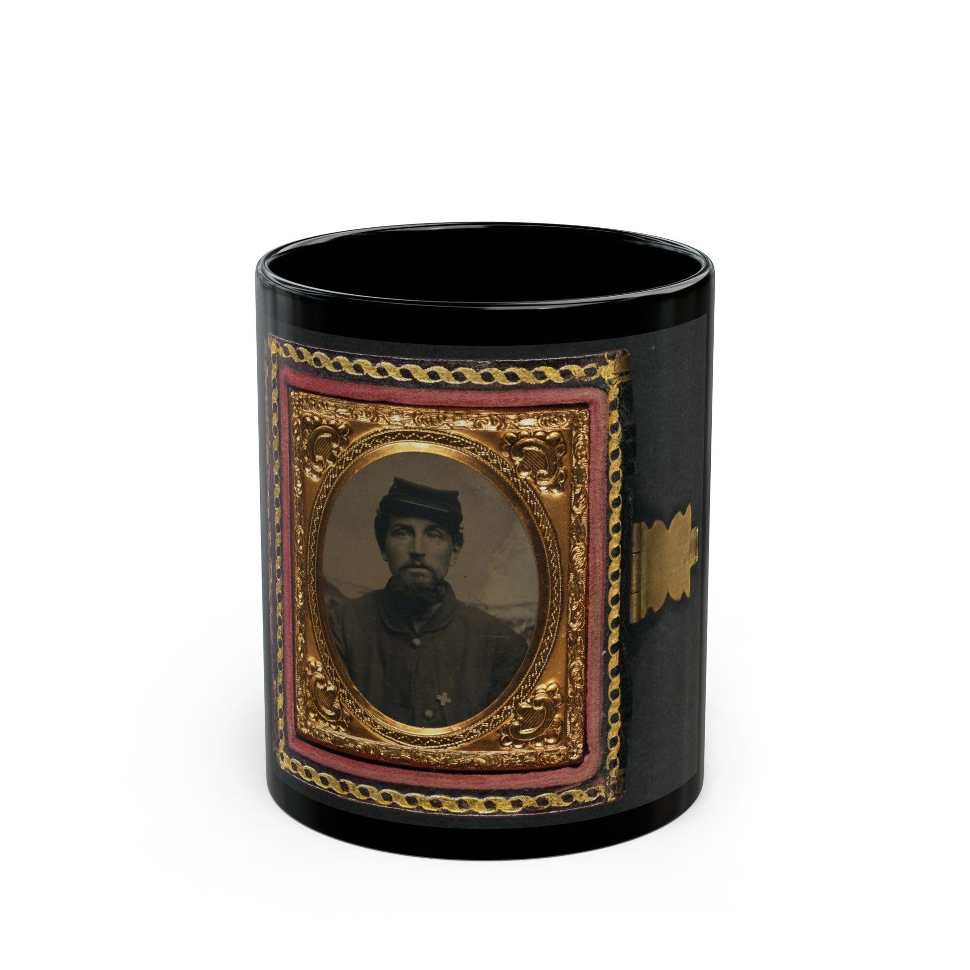 Unidentified Soldier In Union Uniform With 6th Corps Badge In Front Of Painted Backdrop Showing Landscape 001 (U.S. Civil War) Black Coffee Mug-11oz-The Sticker Space