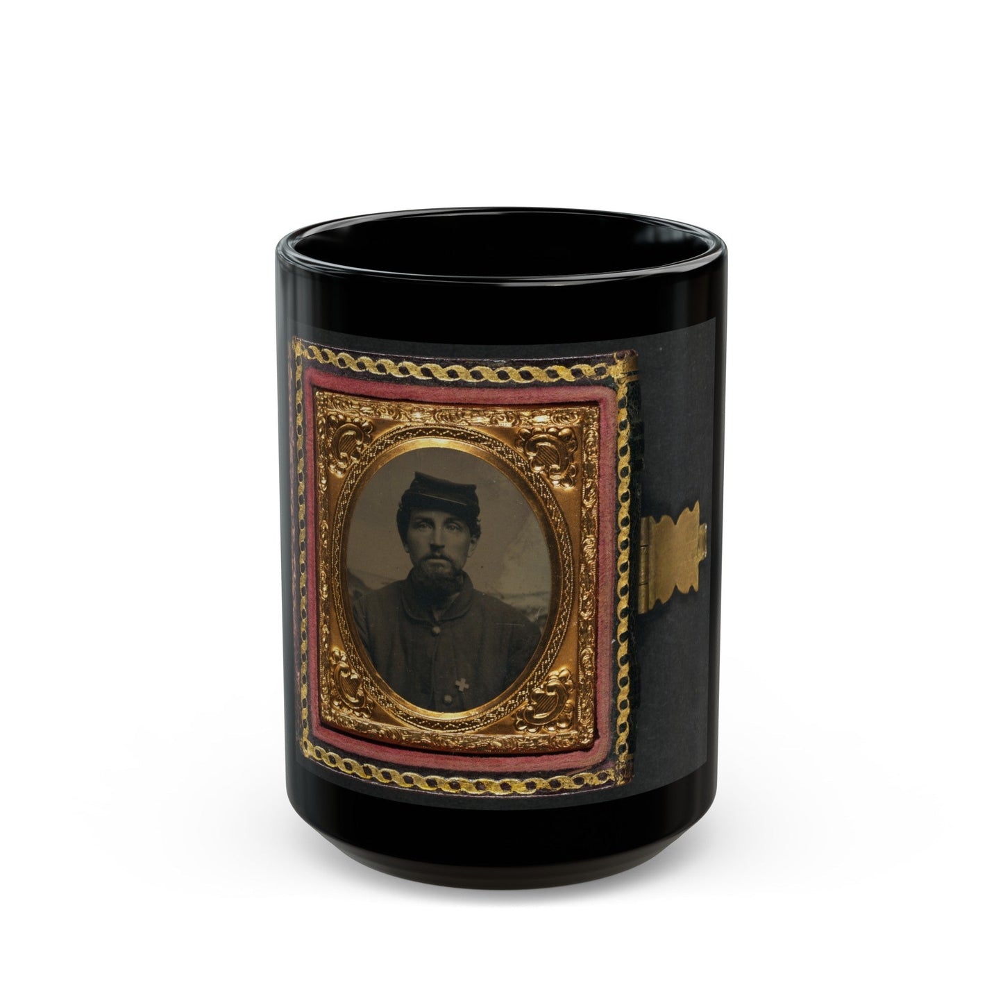 Unidentified Soldier In Union Uniform With 6th Corps Badge In Front Of Painted Backdrop Showing Landscape 001 (U.S. Civil War) Black Coffee Mug-15oz-The Sticker Space