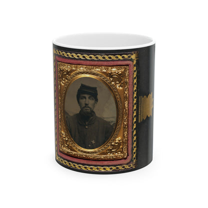 Unidentified Soldier In Union Uniform With 6th Corps Badge In Front Of Painted Backdrop Showing Landscape 001 (U.S. Civil War) White Coffee Mug-11oz-The Sticker Space