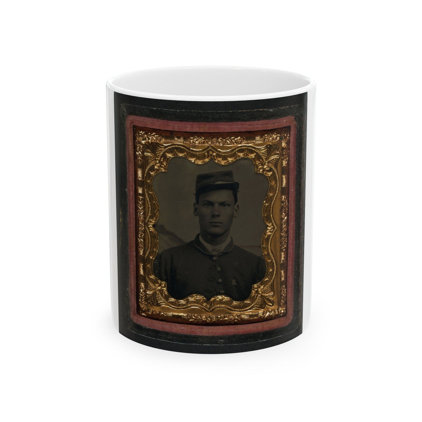 Unidentified Soldier In Union Uniform With 6th Corps Badge In Front Of Painted Backdrop Showing Landscape (U.S. Civil War) White Coffee Mug-11oz-The Sticker Space