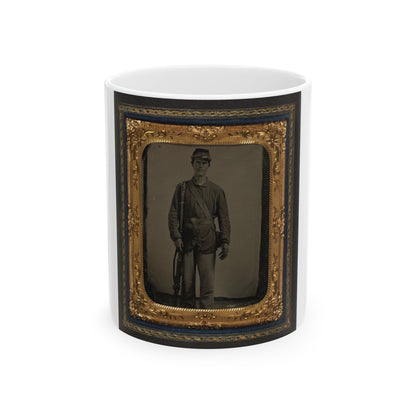 Unidentified Soldier In Union Uniform With Bayoneted Musket And Cartridge Box In Front Of Canvas Backdrop (U.S. Civil War) White Coffee Mug-11oz-The Sticker Space