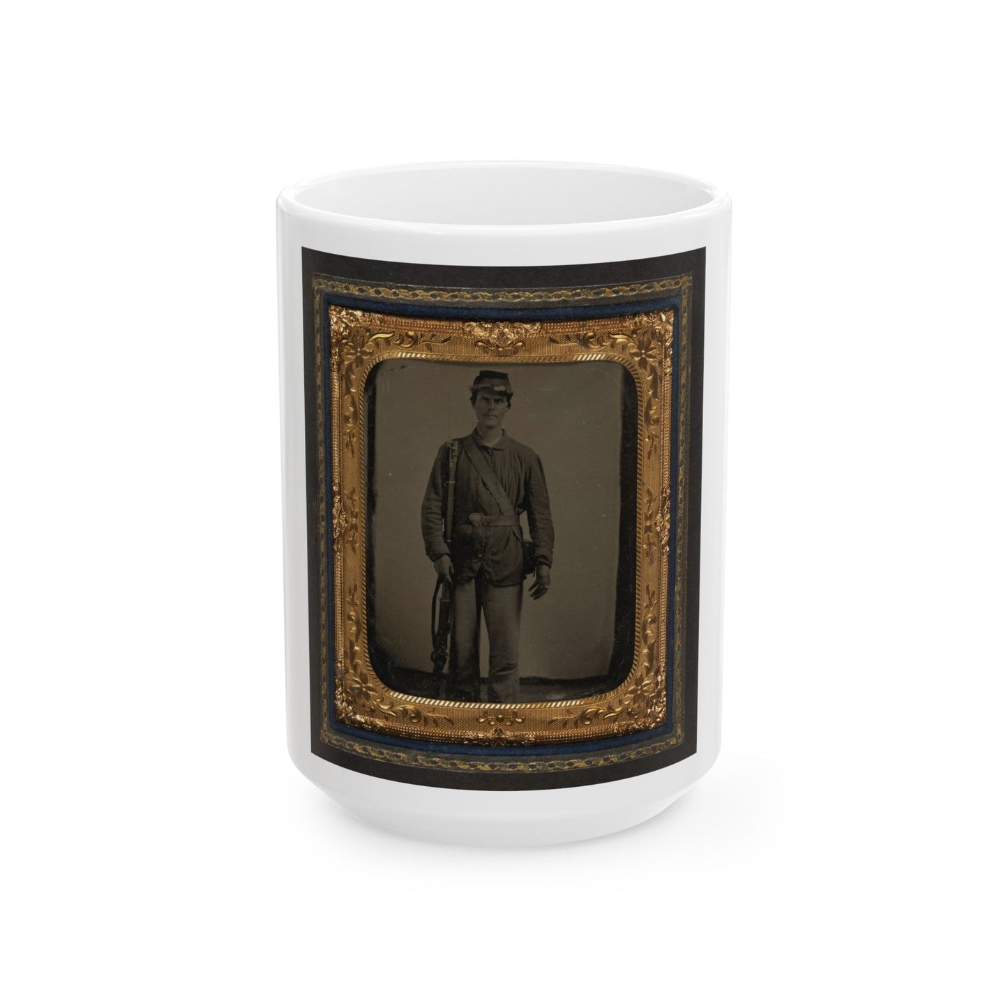 Unidentified Soldier In Union Uniform With Bayoneted Musket And Cartridge Box In Front Of Canvas Backdrop (U.S. Civil War) White Coffee Mug-15oz-The Sticker Space