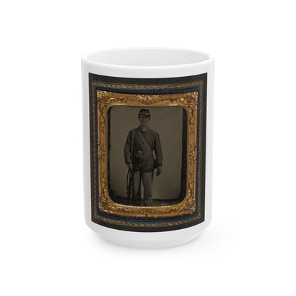 Unidentified Soldier In Union Uniform With Bayoneted Musket And Cartridge Box In Front Of Canvas Backdrop (U.S. Civil War) White Coffee Mug-15oz-The Sticker Space