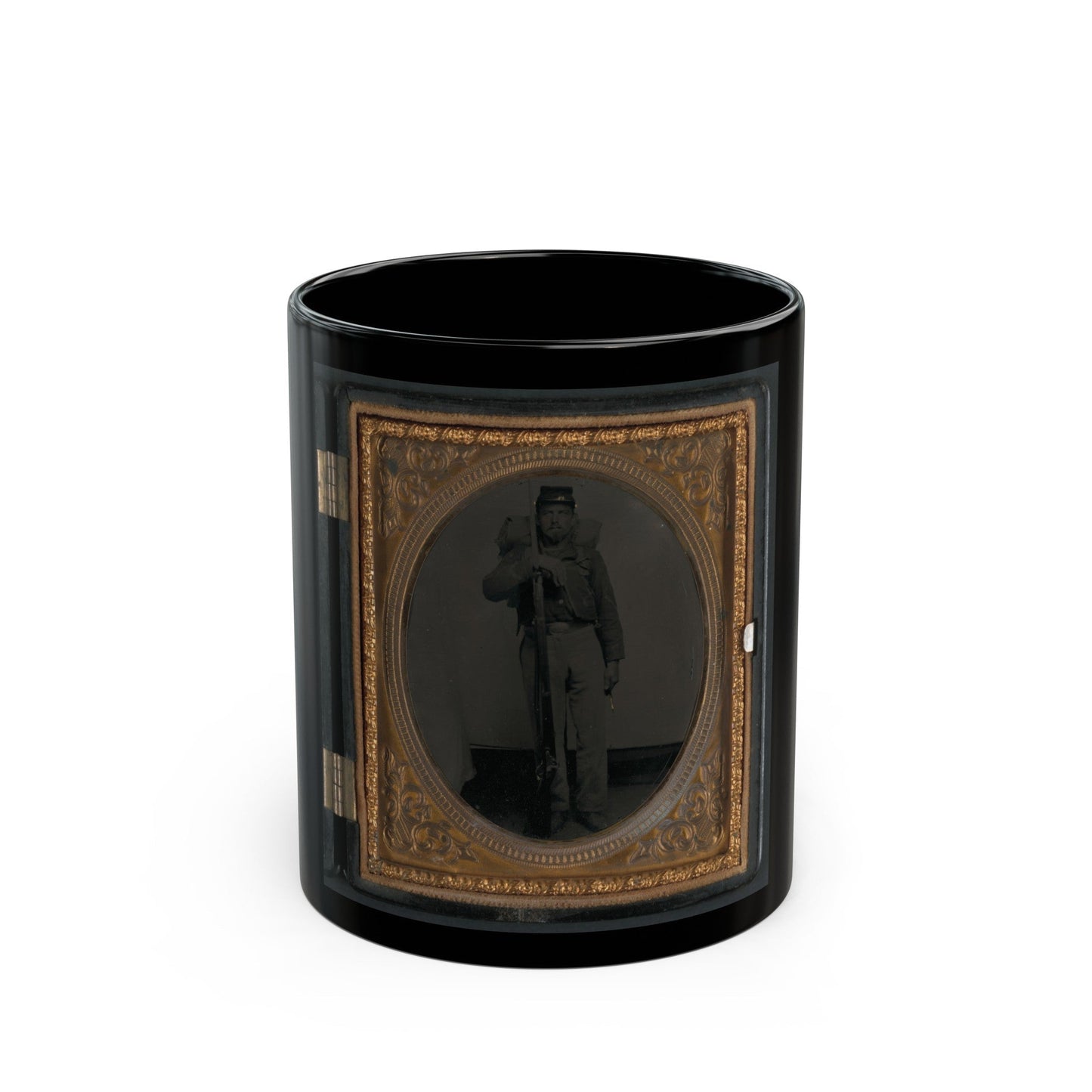 Unidentified Soldier In Union Uniform With Bayoneted Musket And Knapsack With Bedroll (U.S. Civil War) Black Coffee Mug-11oz-The Sticker Space