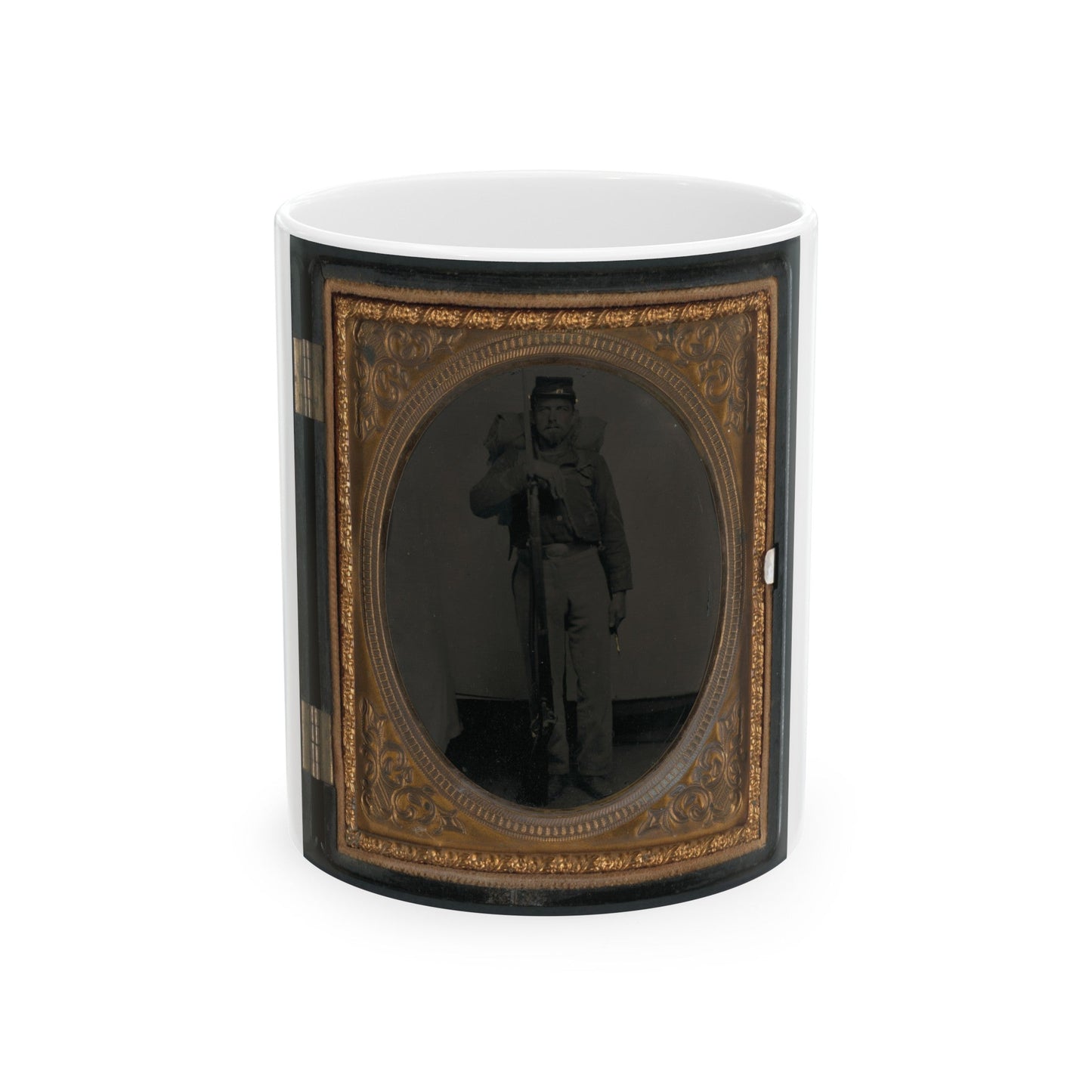 Unidentified Soldier In Union Uniform With Bayoneted Musket And Knapsack With Bedroll (U.S. Civil War) White Coffee Mug-11oz-The Sticker Space