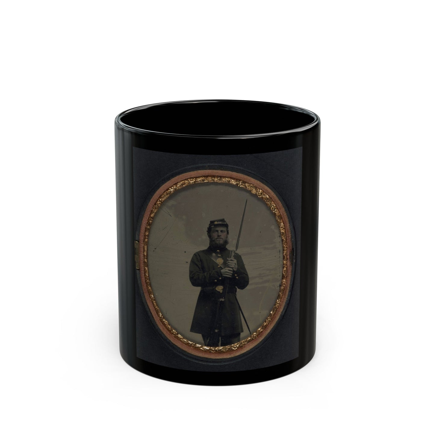 Unidentified Soldier In Union Uniform With Bayoneted Musket And Scabbard (U.S. Civil War) Black Coffee Mug-11oz-The Sticker Space