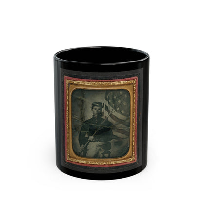 Unidentified Soldier In Union Uniform With Bayoneted Musket In Front Of American Flag (U.S. Civil War) Black Coffee Mug-11oz-The Sticker Space