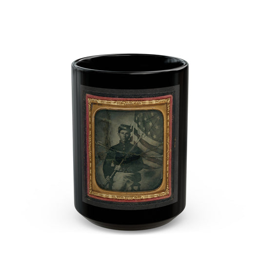 Unidentified Soldier In Union Uniform With Bayoneted Musket In Front Of American Flag (U.S. Civil War) Black Coffee Mug-15oz-The Sticker Space