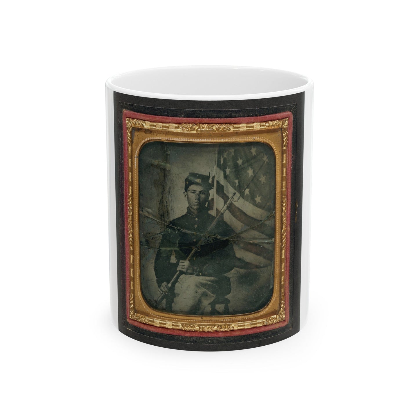 Unidentified Soldier In Union Uniform With Bayoneted Musket In Front Of American Flag (U.S. Civil War) White Coffee Mug-11oz-The Sticker Space