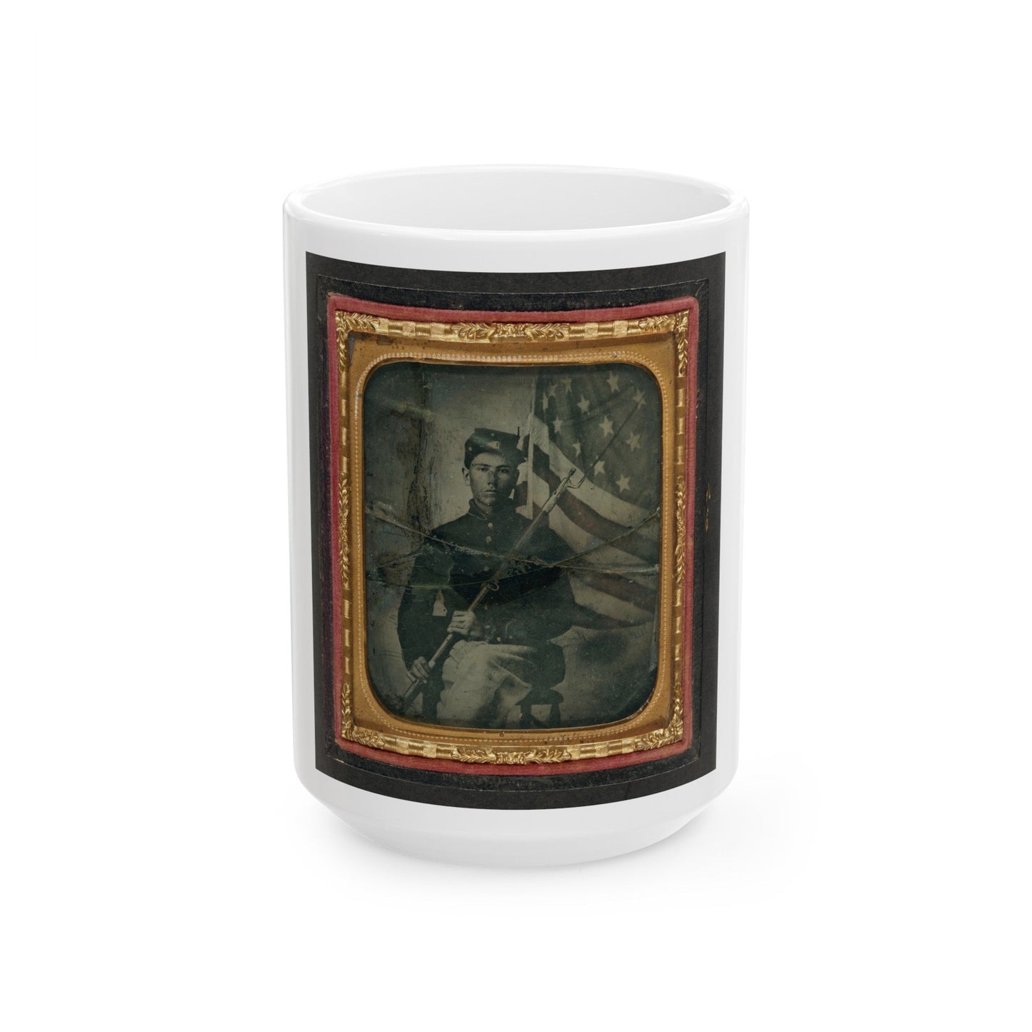 Unidentified Soldier In Union Uniform With Bayoneted Musket In Front Of American Flag (U.S. Civil War) White Coffee Mug-15oz-The Sticker Space