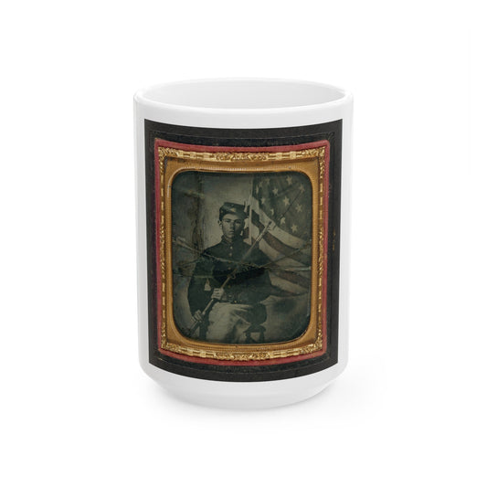 Unidentified Soldier In Union Uniform With Bayoneted Musket In Front Of American Flag (U.S. Civil War) White Coffee Mug-15oz-The Sticker Space