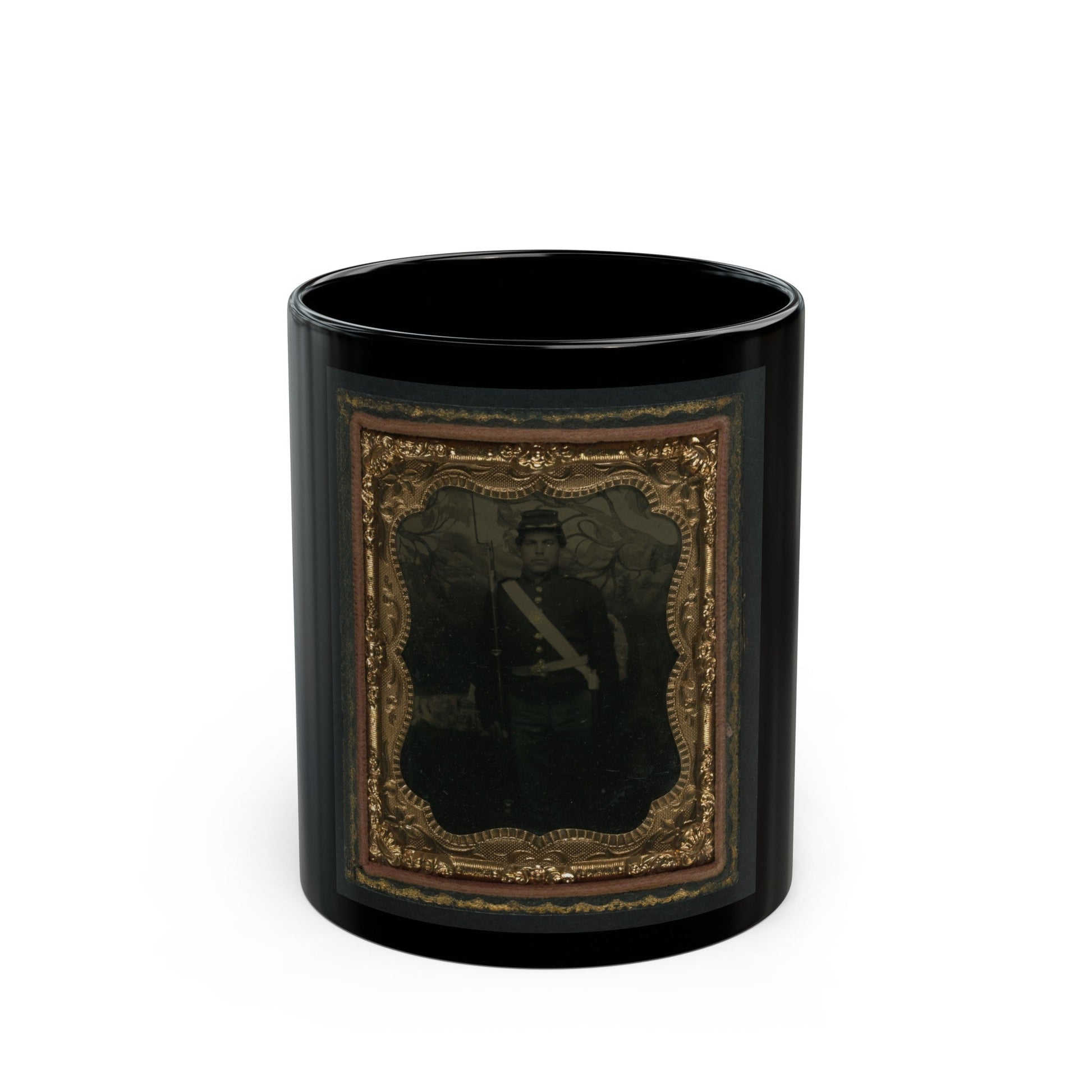 Unidentified Soldier In Union Uniform With Bayoneted Musket In Front Of Painted Backdrop Showing Trees (U.S. Civil War) Black Coffee Mug-11oz-The Sticker Space