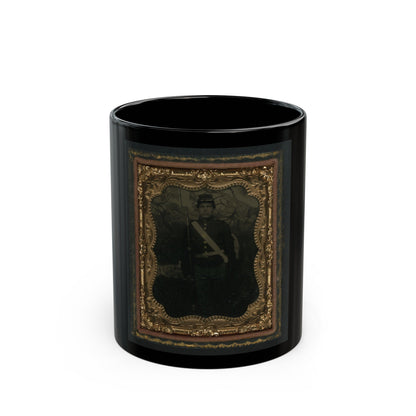 Unidentified Soldier In Union Uniform With Bayoneted Musket In Front Of Painted Backdrop Showing Trees (U.S. Civil War) Black Coffee Mug-11oz-The Sticker Space