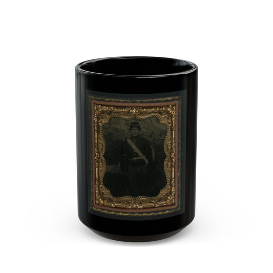 Unidentified Soldier In Union Uniform With Bayoneted Musket In Front Of Painted Backdrop Showing Trees (U.S. Civil War) Black Coffee Mug-15oz-The Sticker Space