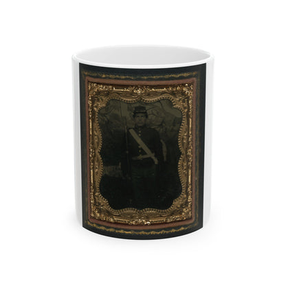 Unidentified Soldier In Union Uniform With Bayoneted Musket In Front Of Painted Backdrop Showing Trees (U.S. Civil War) White Coffee Mug-11oz-The Sticker Space