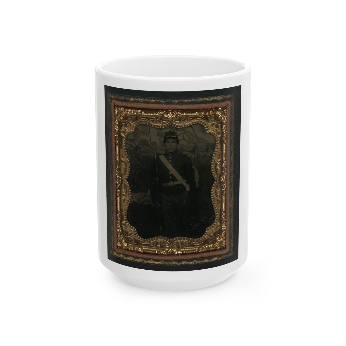 Unidentified Soldier In Union Uniform With Bayoneted Musket In Front Of Painted Backdrop Showing Trees (U.S. Civil War) White Coffee Mug-15oz-The Sticker Space