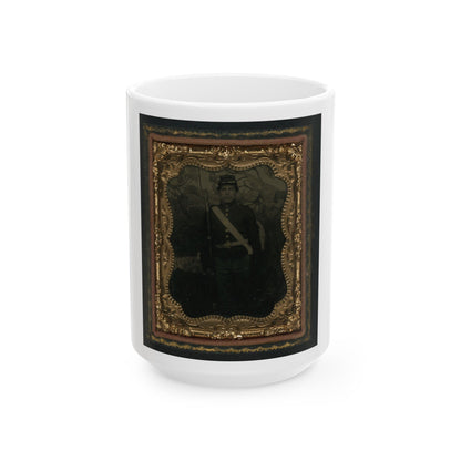 Unidentified Soldier In Union Uniform With Bayoneted Musket In Front Of Painted Backdrop Showing Trees (U.S. Civil War) White Coffee Mug-15oz-The Sticker Space