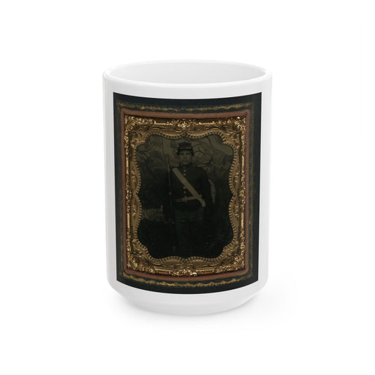 Unidentified Soldier In Union Uniform With Bayoneted Musket In Front Of Painted Backdrop Showing Trees (U.S. Civil War) White Coffee Mug-15oz-The Sticker Space