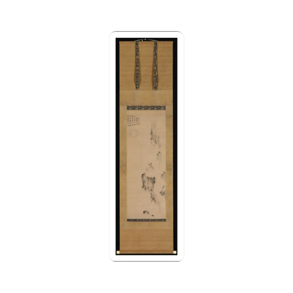 Chinese hanging scroll of pale ink mountains beside a faint moon, with an inscription column and red seal.