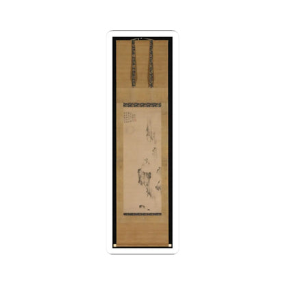 Chinese hanging scroll of pale ink mountains beside a faint moon, with an inscription column and red seal.