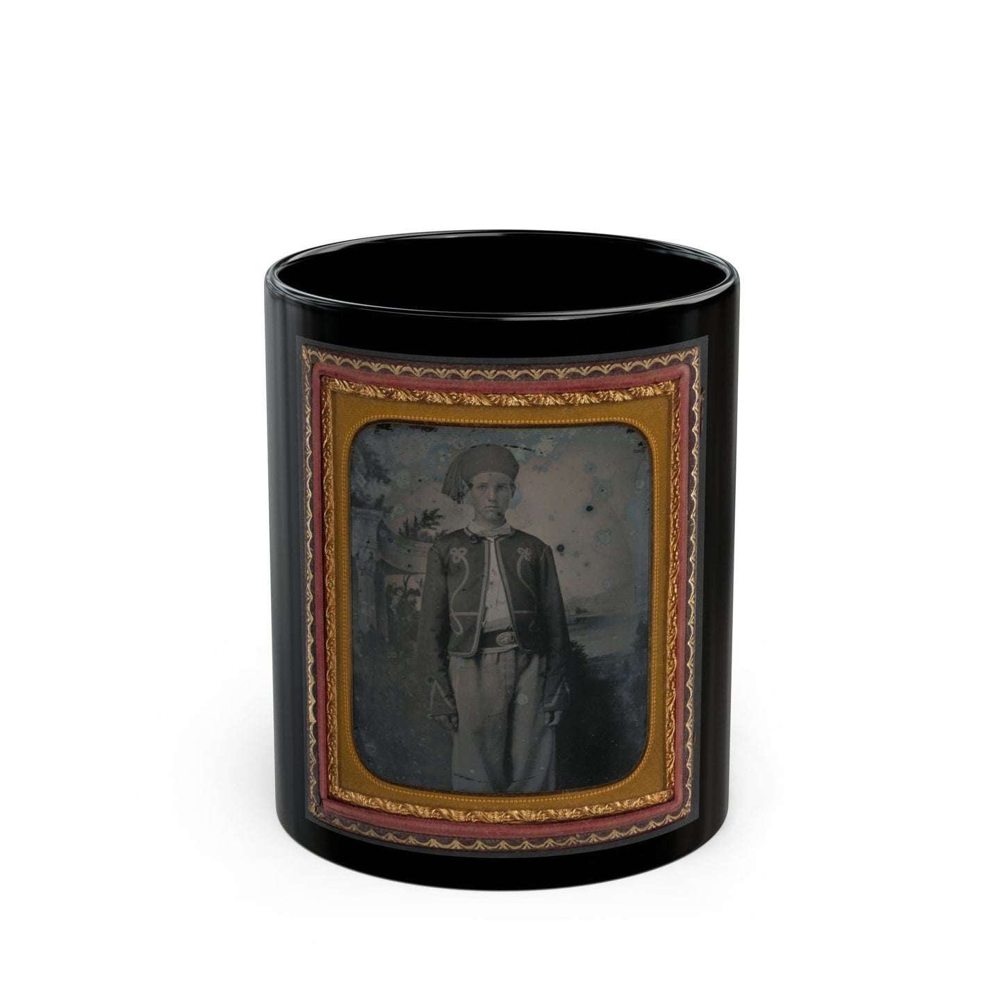 Unidentified Young Soldier In Union Zouave Uniform In Front Of Painted Backdrop Showing A Pavillion At The Edge Of A Lake (U.S. Civil War) Black Coffee Mug-11oz-The Sticker Space