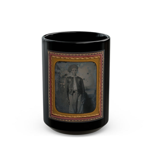 Unidentified Young Soldier In Union Zouave Uniform In Front Of Painted Backdrop Showing A Pavillion At The Edge Of A Lake (U.S. Civil War) Black Coffee Mug-15oz-The Sticker Space