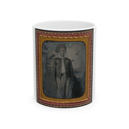 Unidentified Young Soldier In Union Zouave Uniform In Front Of Painted Backdrop Showing A Pavillion At The Edge Of A Lake (U.S. Civil War) White Coffee Mug-11oz-The Sticker Space